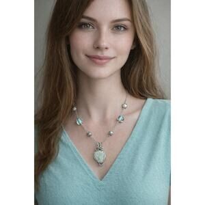 Dendronic Jasper Light turquoise color 20" necklace/earrings Glass Art Beads